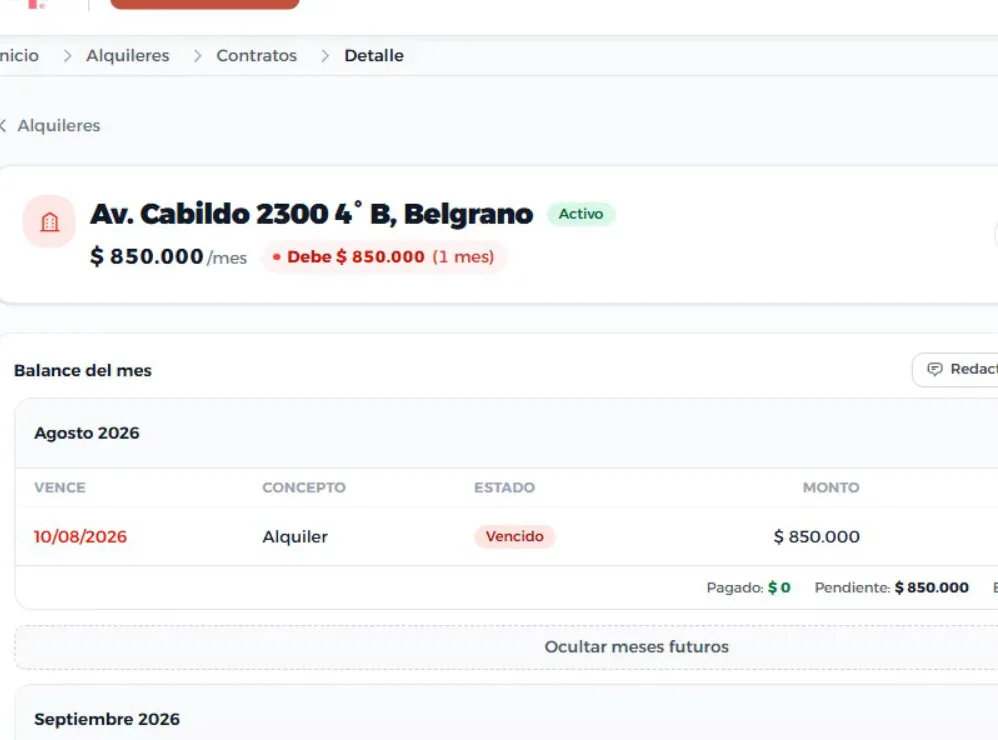 La ficha de un contrato de alquiler con el balance del mes: vencimiento, estado y monto.