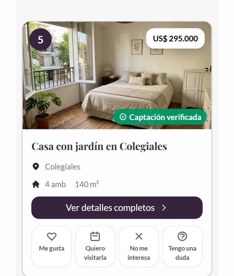 Una propiedad del catálogo en el celular: foto, datos y las cuatro respuestas del comprador.