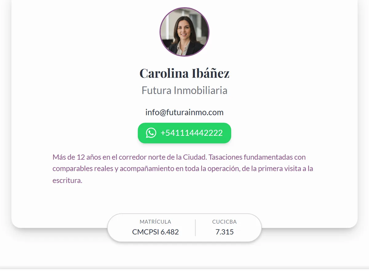 La tarjeta del asesor al pie del catálogo: foto, contacto y matrícula.
