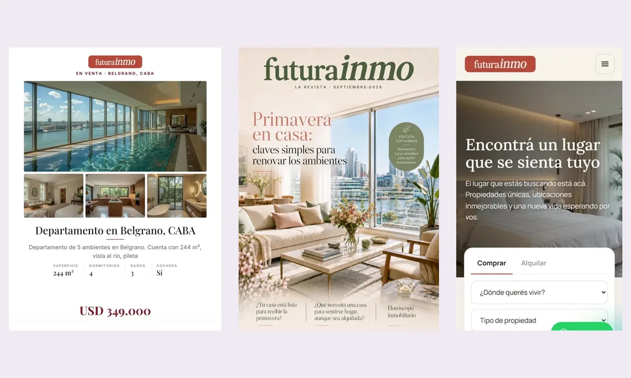 La misma propiedad en tres diseños de flyer, con el logo y el color de la inmobiliaria.