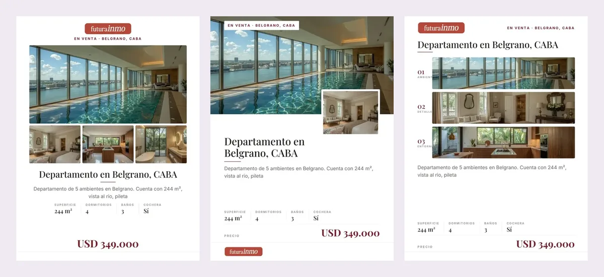 La misma propiedad en tres diseños de flyer, con el logo y el color de la inmobiliaria.