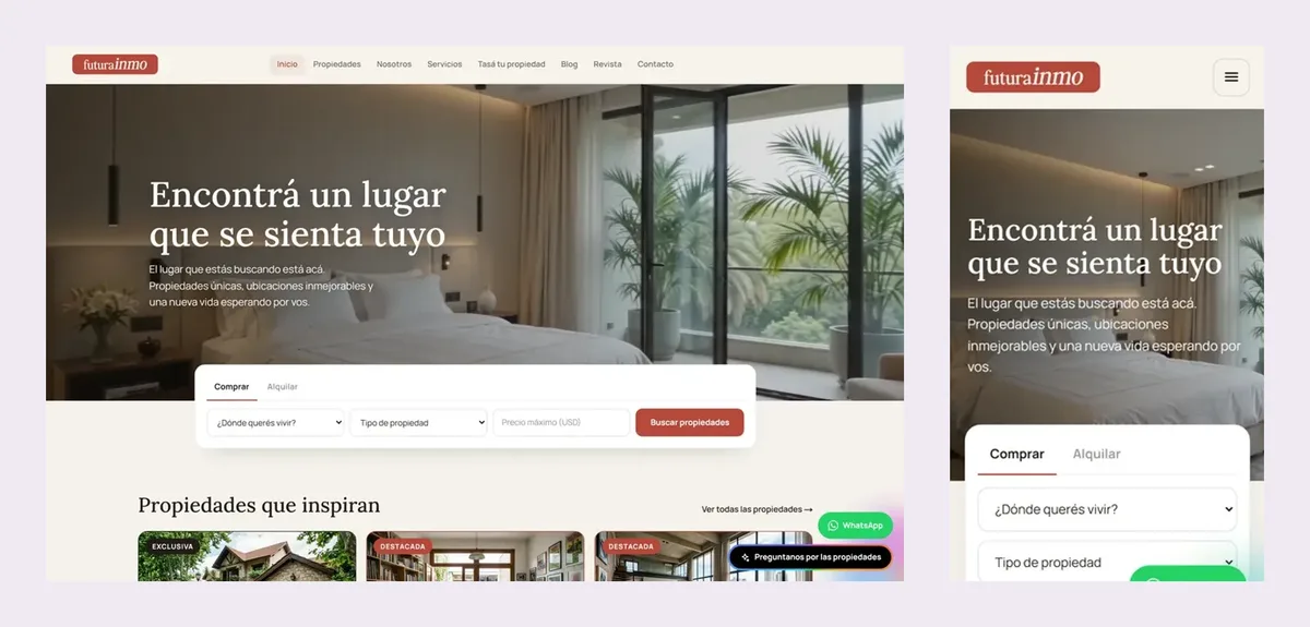El sitio web de la inmobiliaria de ejemplo en computadora y en celular.