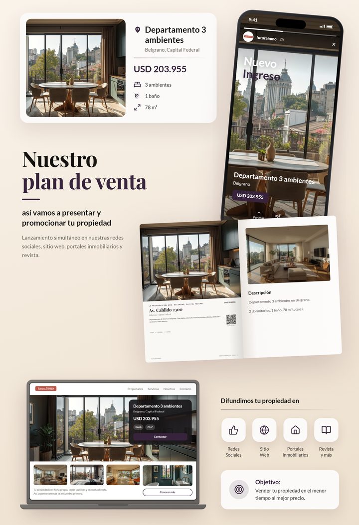 Plan de venta: cómo se va a presentar y promocionar la propiedad, en revista, redes y sitio