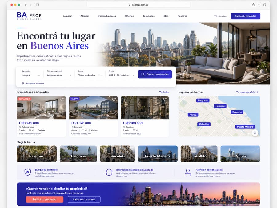 Un sitio de inmobiliaria hecho con futuraprop, abierto en el navegador