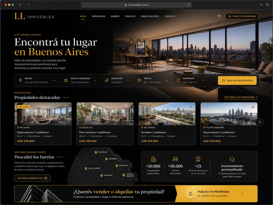 Sitio de ejemplo: LL Inmuebles, Propiedades premium, estilo oscuro